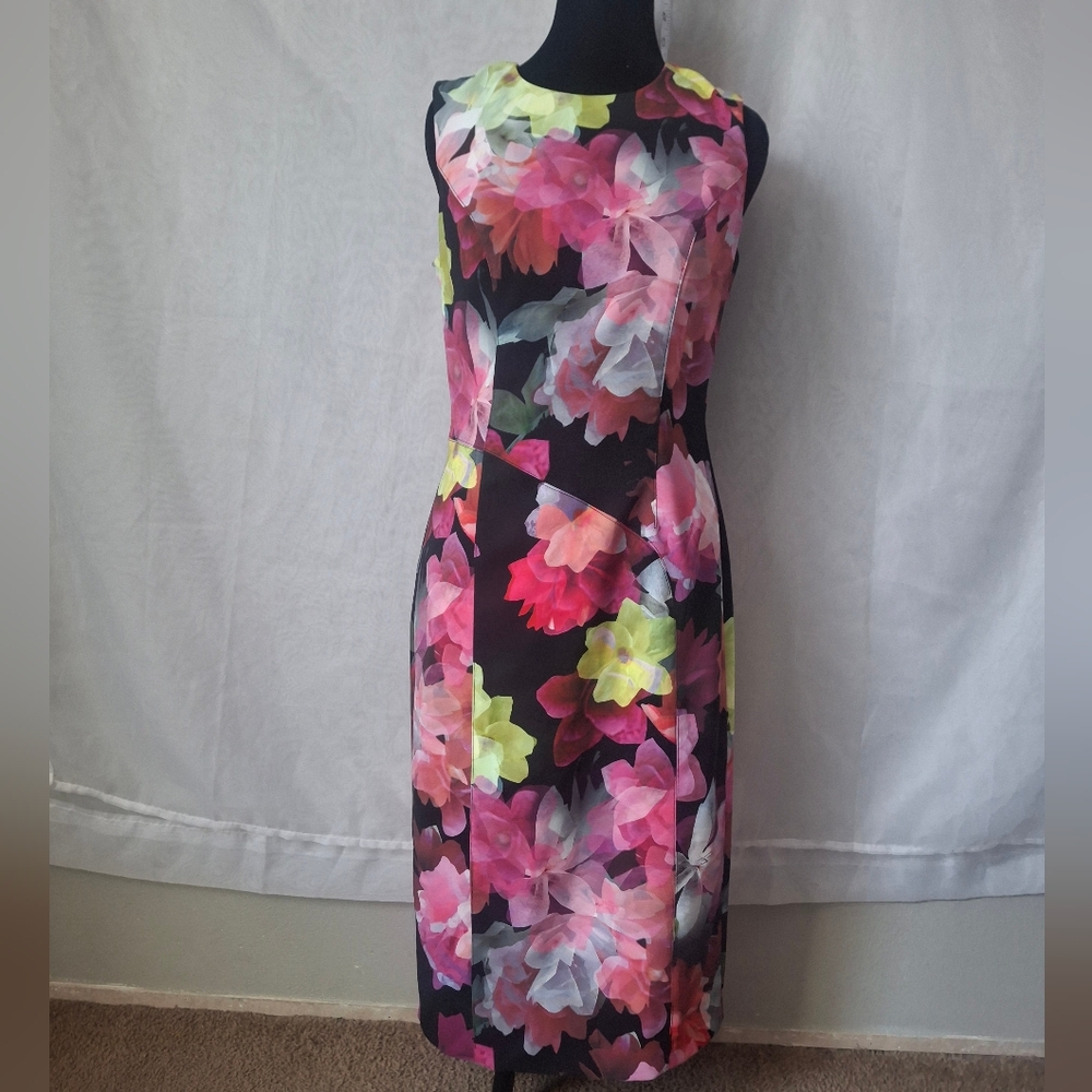 Nicole Miller Vibrant Floral Midi Dress - Black and Pink